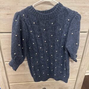 Chic Blue Sweater with Pearl Embellishments